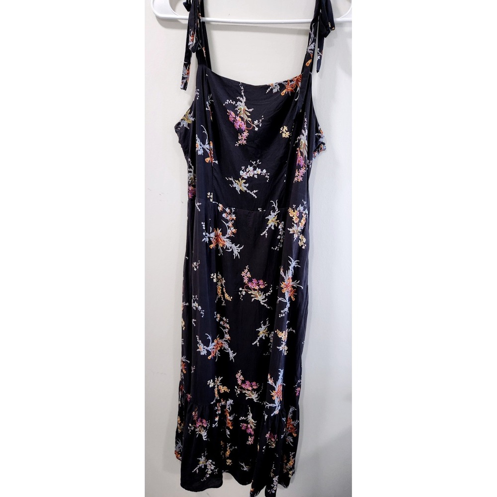 PAIGE Floral Tie Shoulder Midi Dress Black Smocked Back Ruffle Hem Large - Picture 2 of 6